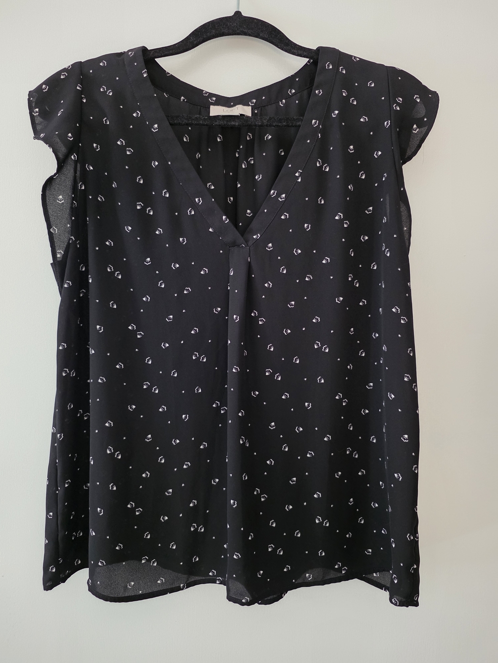 LOFT Black V-Neck Cap-Sleeve Blouse with Tiny White Floral Motif
